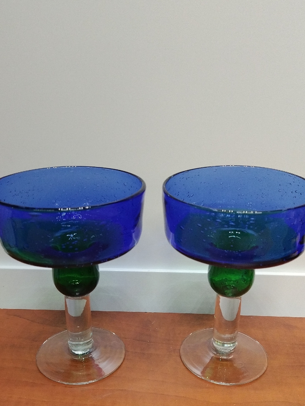 Set of 2 Blue and Green Art Bubble Glass Dessert Or Margarita Goblets